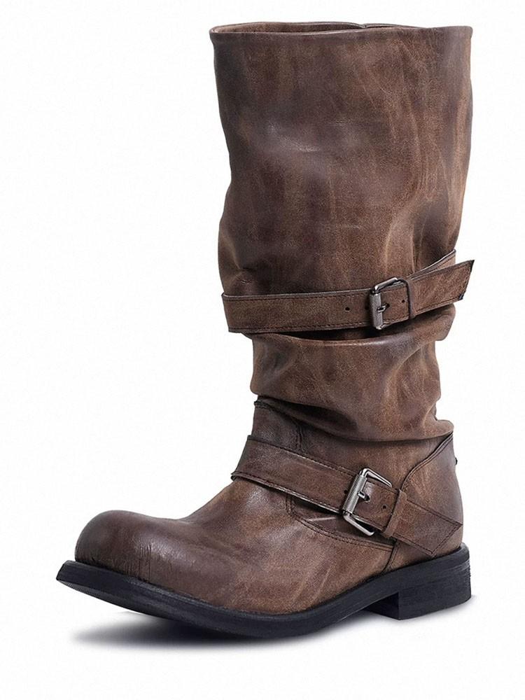 Cowhide Version~ Genuine Leather Polished Heavy Industry Old Stacking Boots Women's Belt Buckle Two Wear Retro Style Knight Boots Outdoor Boots