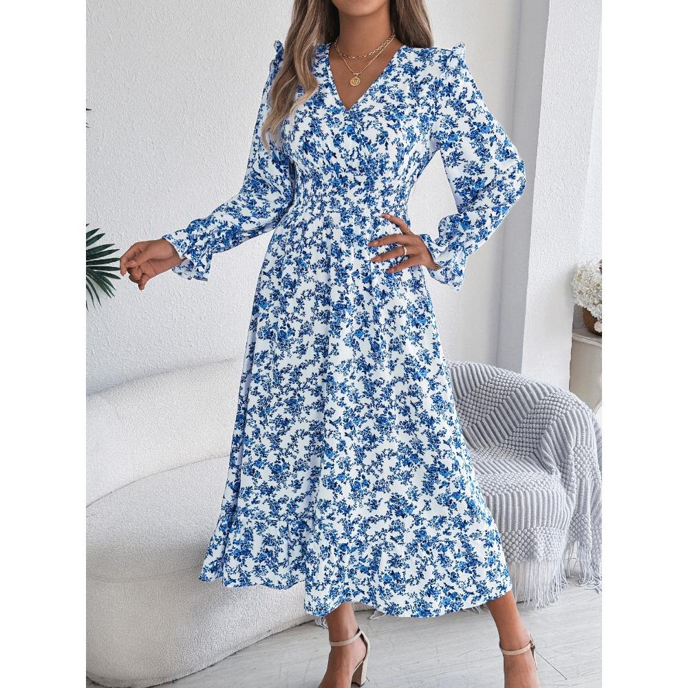 Женские элегантные платья макси с цветочным принтом, перекрестным V-образным вырезом, оборками на талии