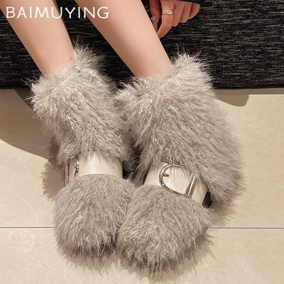 Меховые балетки женские зимние ботильоны короткие плюшевые дизайнерские хлопковые туфли с пряжкой новый бренд 2025 года тренд теплые уютные зимние ботинки женские