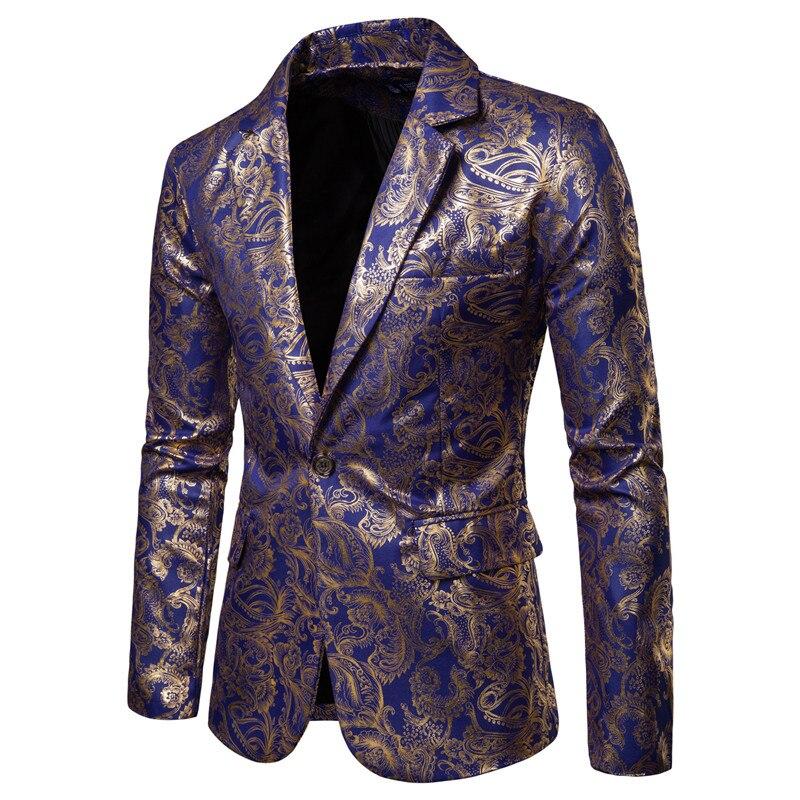 Men Blazer Slim Fit One Button Men Jacket Gold Print Groom Wedding Dress Suit Stage Club Party Casual Formal Blazers
