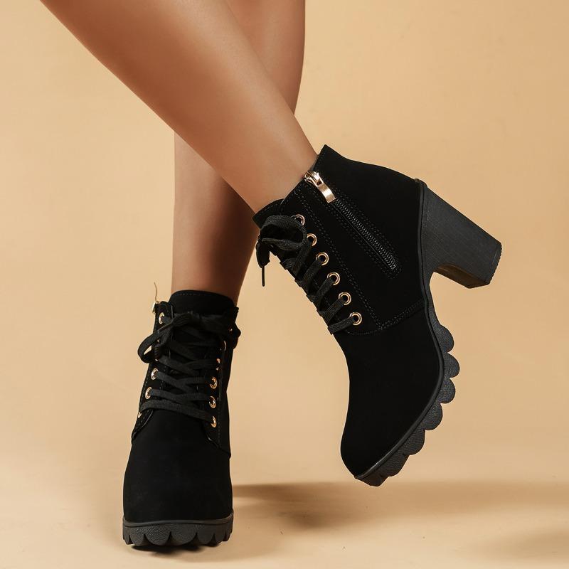 Новые зимние женские сапоги, модные, с круглым носком, запоминающиеся, однотонные, замшевые, с боковой молнией, женские, на высоком каблуке, короткие сапоги