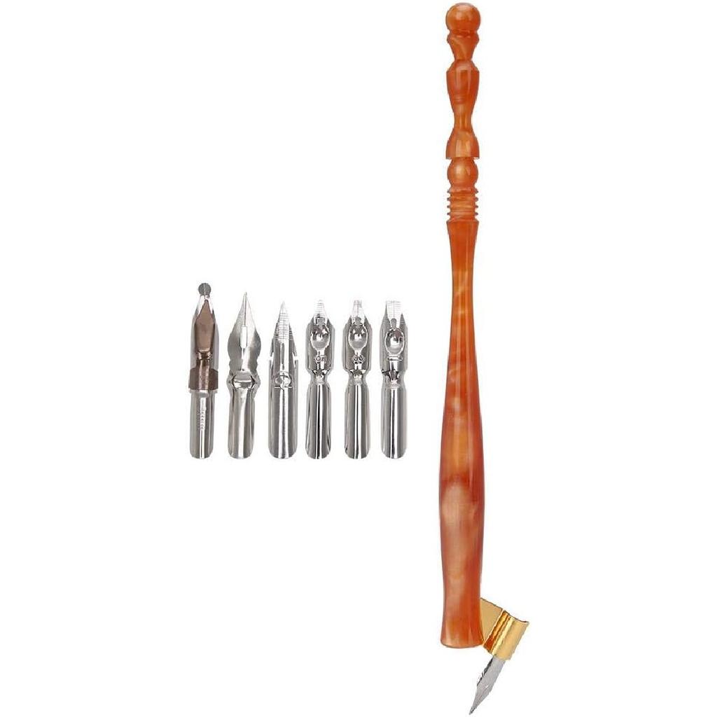 Calligraphy Oblique Nib Pen Point Holder, English Calligraphy Pen Nib Holder Antique Copperplate Script Handed Dip Pen + 6 Flat Nibs(1)