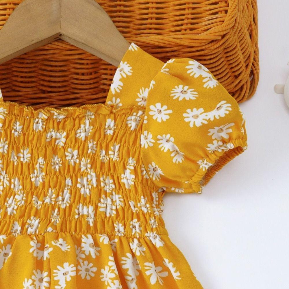 Square Collar Summer Flower Dress Puff Sleeve Toddle Dress Baby Girls Princess Dress Summer