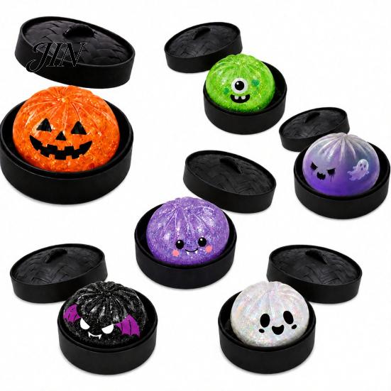 Steamed Bun Sensory Toy Halloween Dumpling Squeeze with Steamer Box, Pumpkin Ghost Bat Stress Relief for Relief, Party Favors Kids