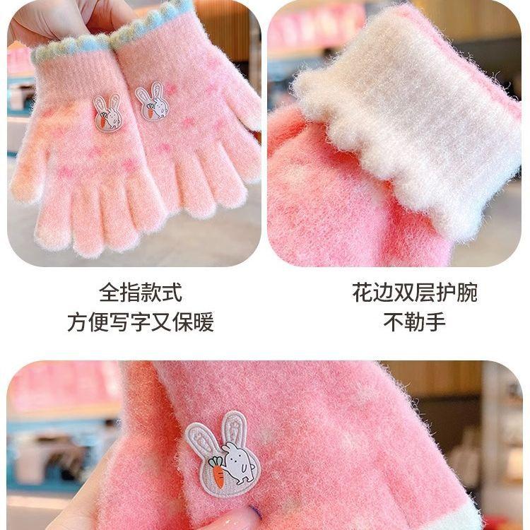 Autumn and winter children's gloves piled and thickened knitted to keep warm, winter fingers cute cartoon baby outdoor play hand guard
