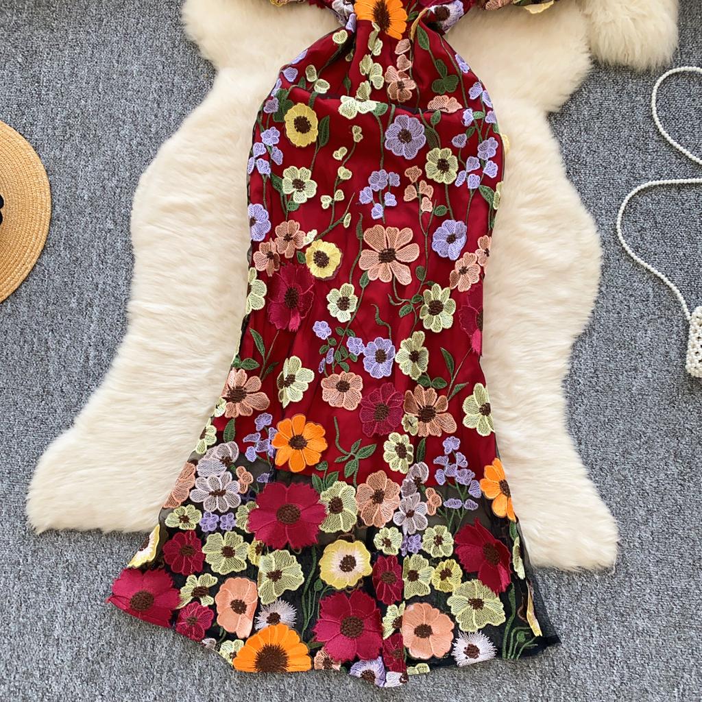 Элегантное цветочное вышитое О-образное платье в стиле винтаж с коротким рукавом и фонариком, шикарное облегающее платье-русалка, французская вечерняя женская одежда для улицы