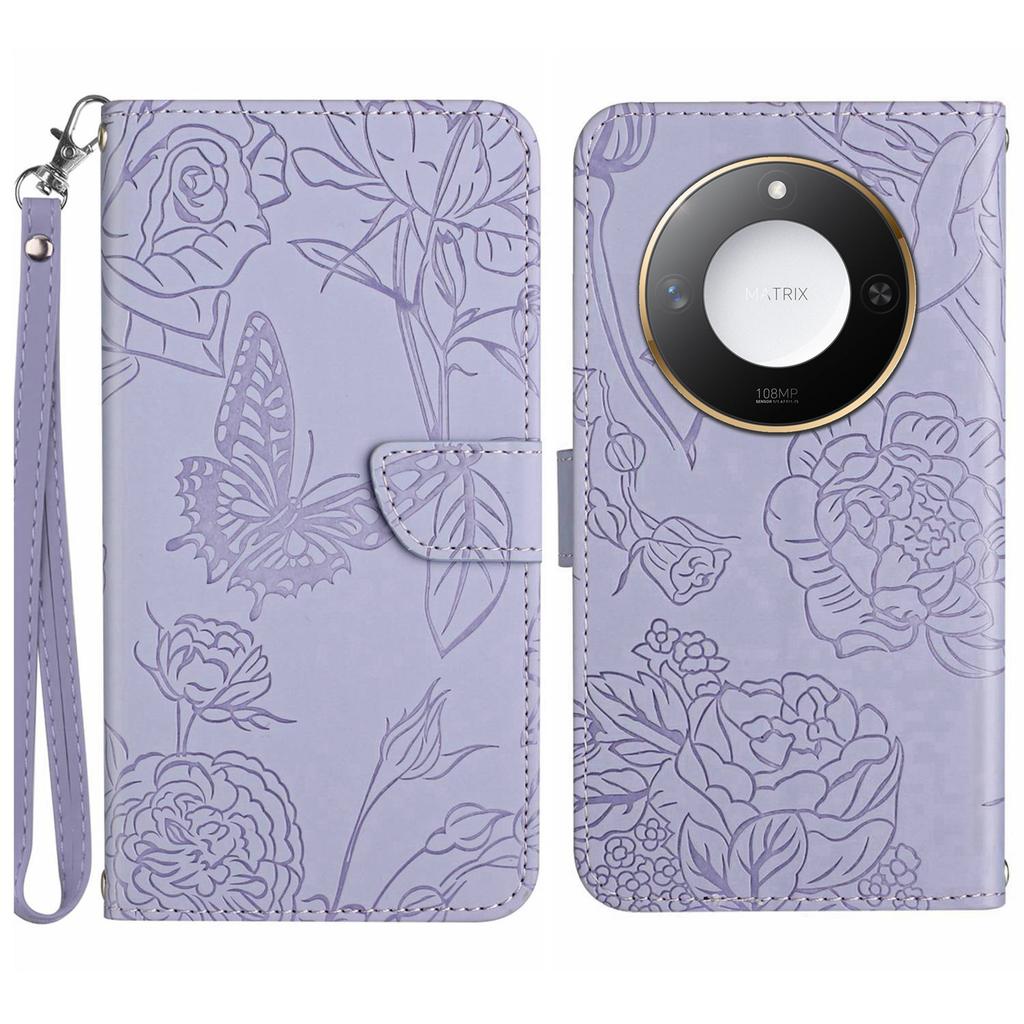 For Honor X9c Smart 5G Case Butterfly Flower Imprinted Leather Phone Cover with Strap