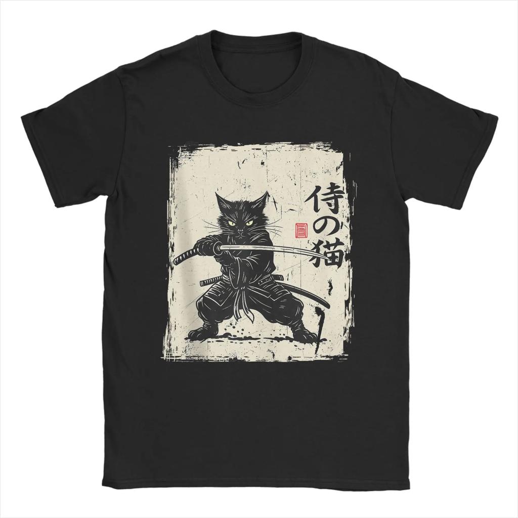 Vintage Anime Cat Japanese Art Funny Samurai Cat T Shirts Men's Cotton Vintage T-Shirt Round Neck Tees Short Sleeve Tops 5XL 6XL