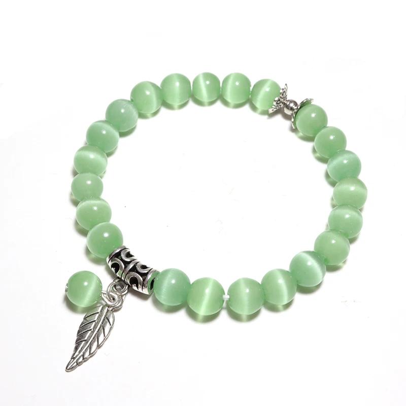 Genuine Cat Eyes Stone Bracelet For Women Natural Moonstone Braslet Leaf Pendant Braclet Pink Opal Brazalete Girlfriend Gift