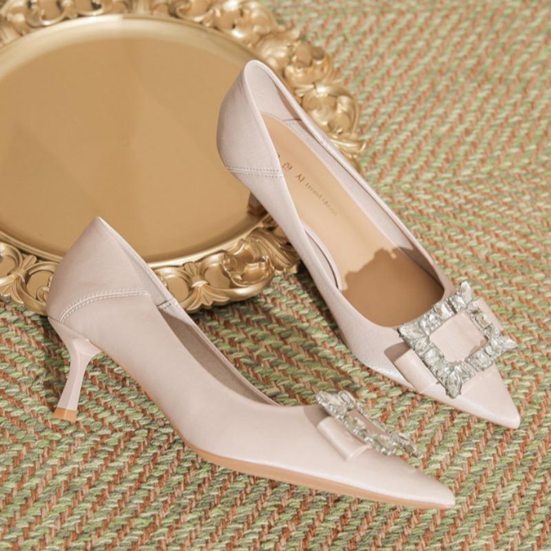Весна и лето Новый стиль шпильки на высоком каблуке женские остроконечные стразы квадратная пряжка модные одинарные туфли
