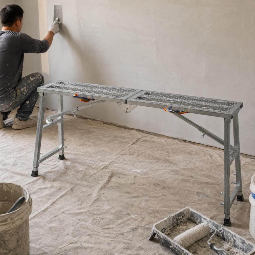 Foldable Metal Trestle Scaffold Portable with ExpandedMetal Mesh Works Surfaces Folding