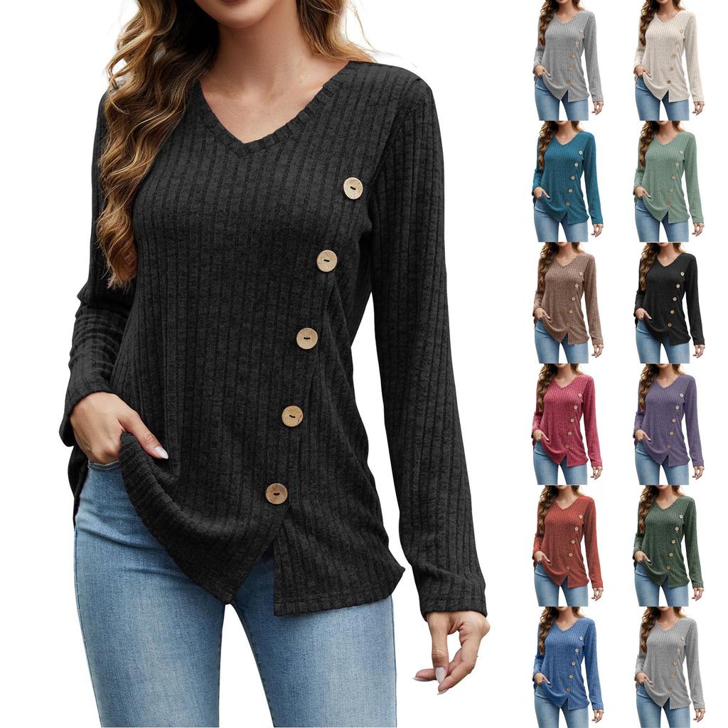 Women's Solid Color Fashion Long Sleeve Strip False Button Loose Top