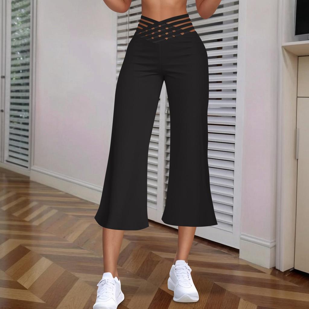 Women's Hollow Belt Trousers Temperament Flared High Waist 3/4 Pant Casual Fit Wide Capris Leg Pants