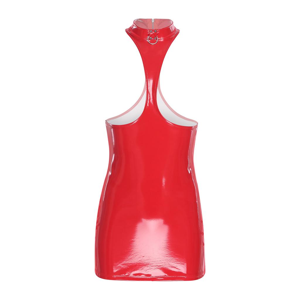 Womens Wet Look Bodycon Mini Dress Chest Accent Rear Emphasis Sheer Cutouts Patent Leather Date Night Dress