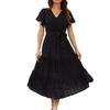 Women's Bohemian Polka Dot Dress Wrap V Neck Short Sleeve Solid Color Tie A-Line Layered Flowy Long Dresses