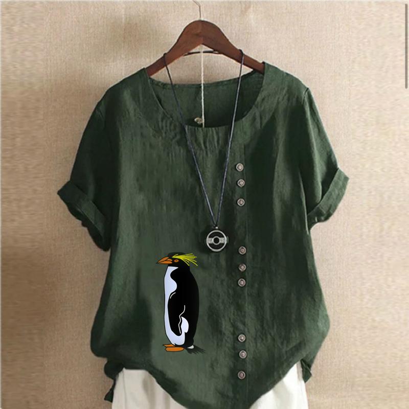 Women's New Fashion Linen Shirt Round Neck Short Sleeve Penguin Printed T-shirt Summer Ladies Casual Plus Size Blouse Tops