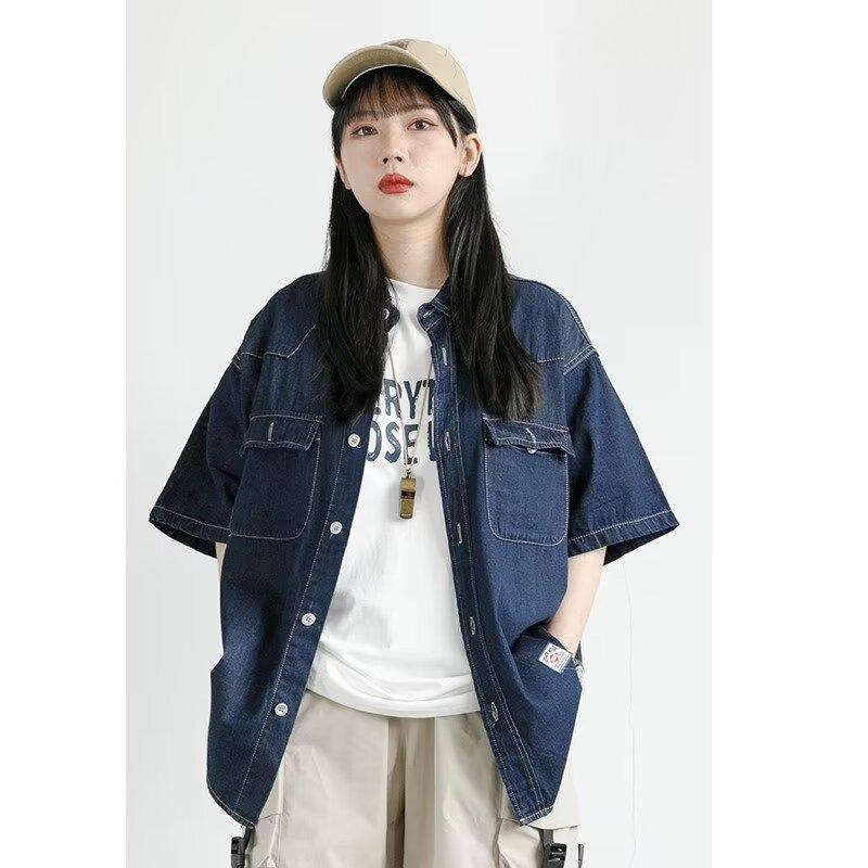 Японский ретро модный бренд летняя свободная джинсовая рубашка с короткими рукавами художественная молодежная рабочая рубашка мужская и женская многослойная куртка