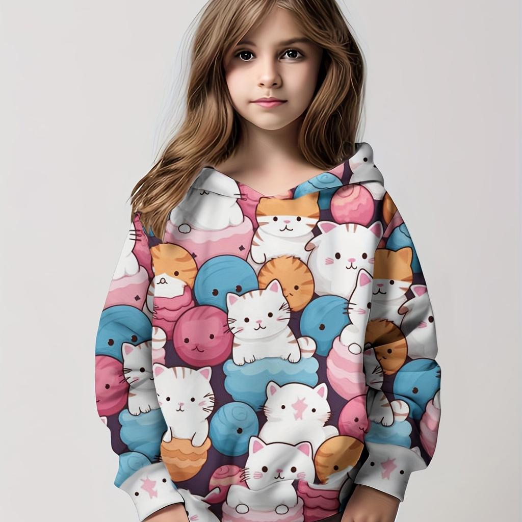 Супермягкая толстовка с капюшоном и принтом кота для девочек, повседневная, модная, идеальная, для осени/зимы, уличная, мультяшная, сезонная, обязательная вещь