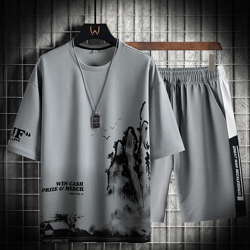 Летние мужские комплекты с короткими рукавами, модные футболки с круглым вырезом с принтом + шорты с эластичной резинкой на талии, комплект из 2 предметов, уличная одежда, свободный повседневный мужской костюм