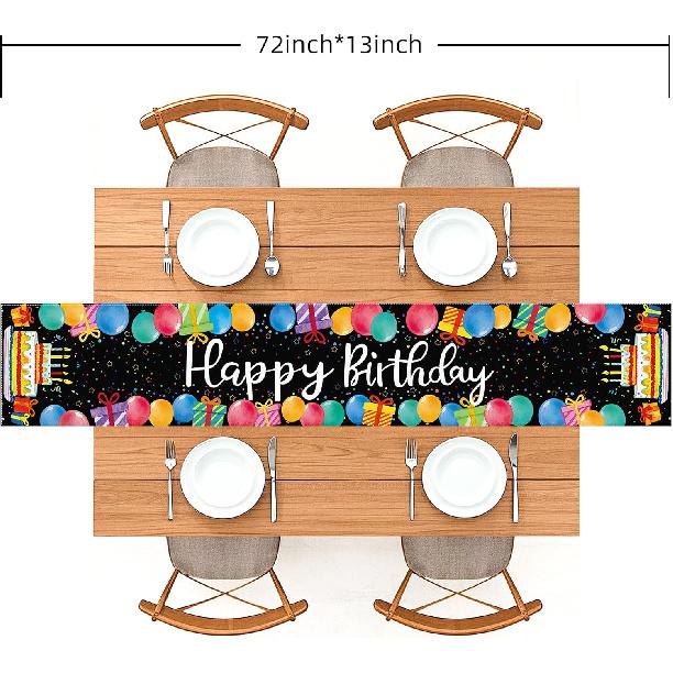 Black Happy Birthday Table Runner, Colorful Balloon Kitchen Dining Table Decoration Festive Balloon Design for Birthday Party Decor 13x72 Inch
