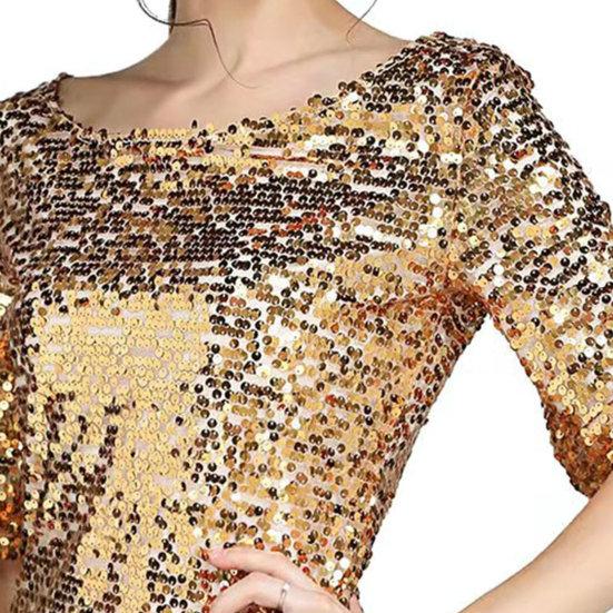 Women Sequin Top Sparkling T Shirt Stylish Comfortable Mid Sleeve Blouse Streetwear for Stage Performances Daily Wear