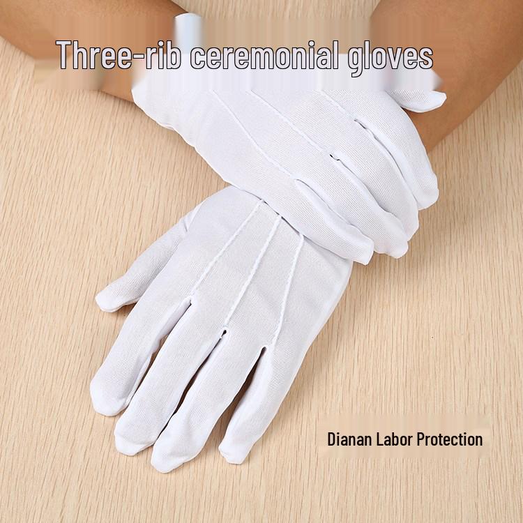 Formal White Three-Ribbed Nylon Polyester Gloves for Driving and Hospitality