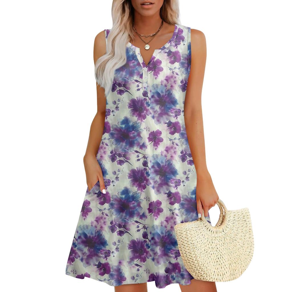 Женские летние платья Свободные сарафаны без рукавов с V-образным вырезом Платье с карманами