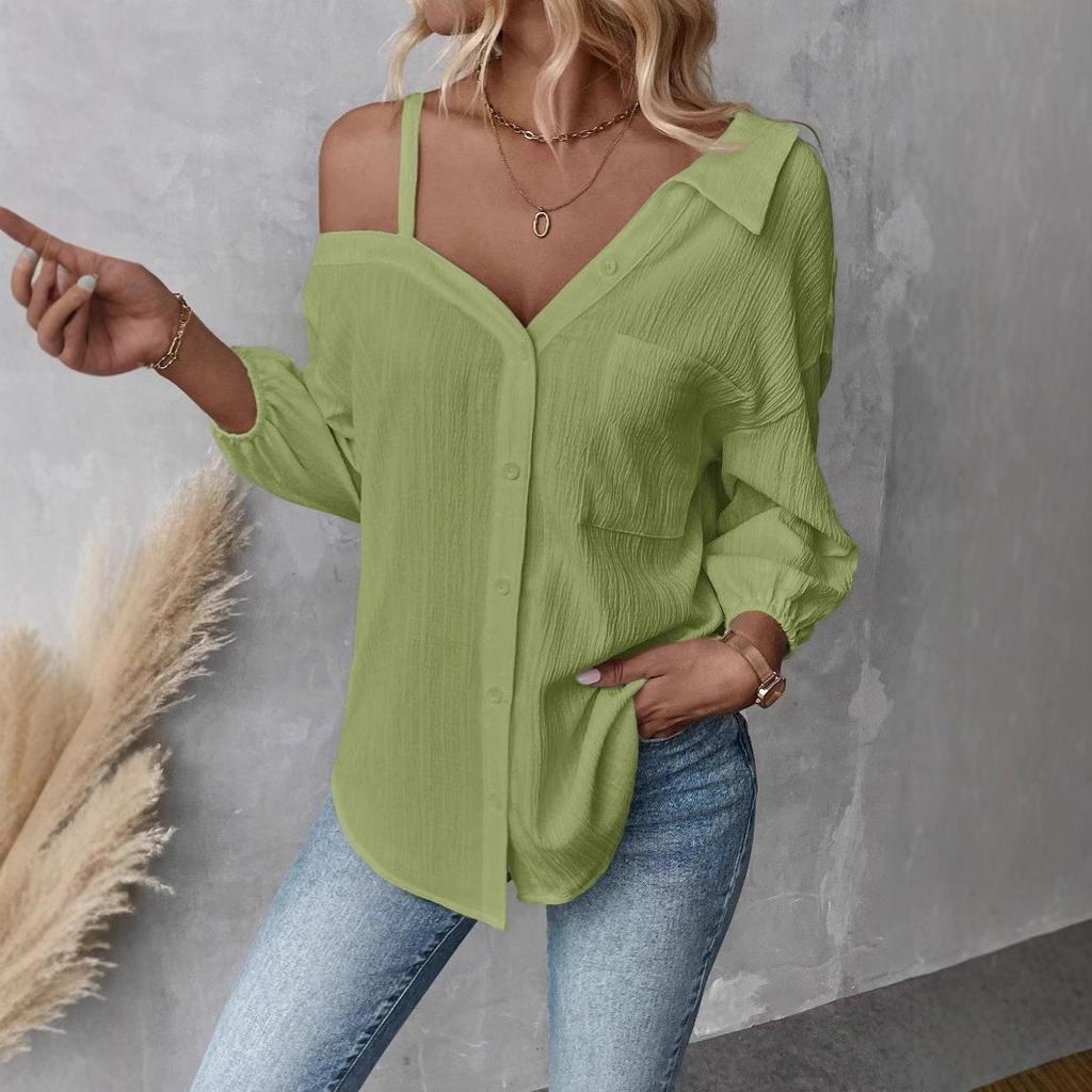 WX019423WMC 2025 Spring Women Textured Crinkle Off Shoulder Shirt Lapel Collar 3/4 Puff Sleeve Single Button Down Casual Blouse S-XL