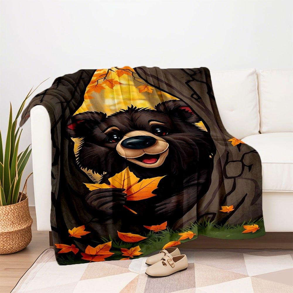 Autumn Bear Wall Art PrintBlanket Flannel Throw Blanket for Sofa, Bed, Travel, Camping, Office