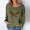 Vintage Letter Women's T-shirts Dragonfly Pattern Long Sleeves Tees Tops Fall/Winter Cotton Pullover Women Clothing Streetwear