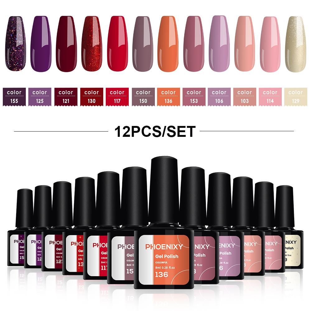 PHOENIXY, 8 мл, 12 цветов, гель-лак для ногтей, гель для ногтей, полуперманентный твердый гель для ногтей, замачиваемый УФ-гель, нужна база, верхнее покрытие, дизайн ногтей «сделай сам»