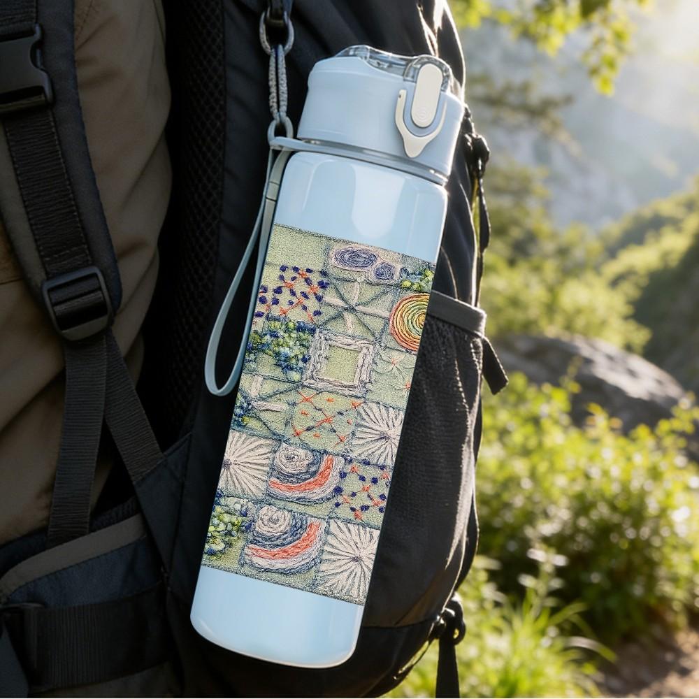 1PC Mosaic Patchwork Quilt Square Print 750ml Color Plastic Sports Water Bottle Leakproof Flip Straw Lid Suitable for Sports Office Home Use