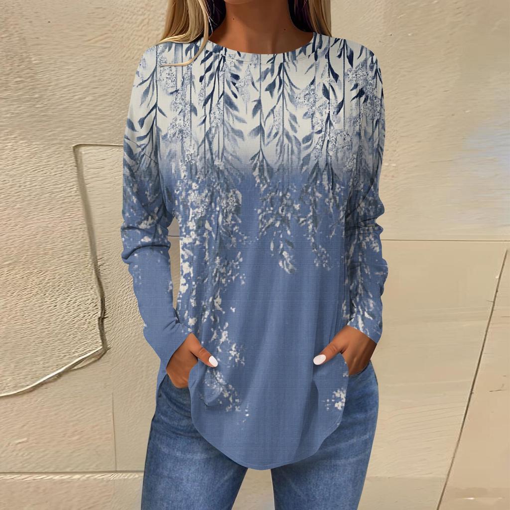 Женская свободная футболка с длинным рукавом с круглым вырезом и принтом, верхний пуловер