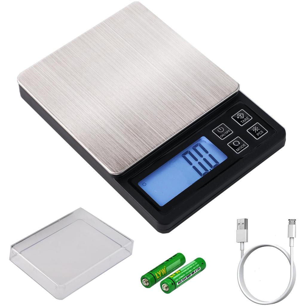BOMATA Digital Scale Weighing USB Counting Stainless High Kitchen Instrument, 0.1g Units, 3kg, Compact, Rechargeable, Tare, Function, Steel,