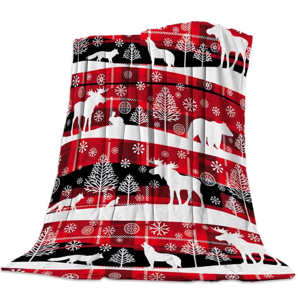Christmas Winter Animals Checkered Buffalo Blankets Throw Cover Fleece Comfort Warm Room Couch Home Bedspread Blanket