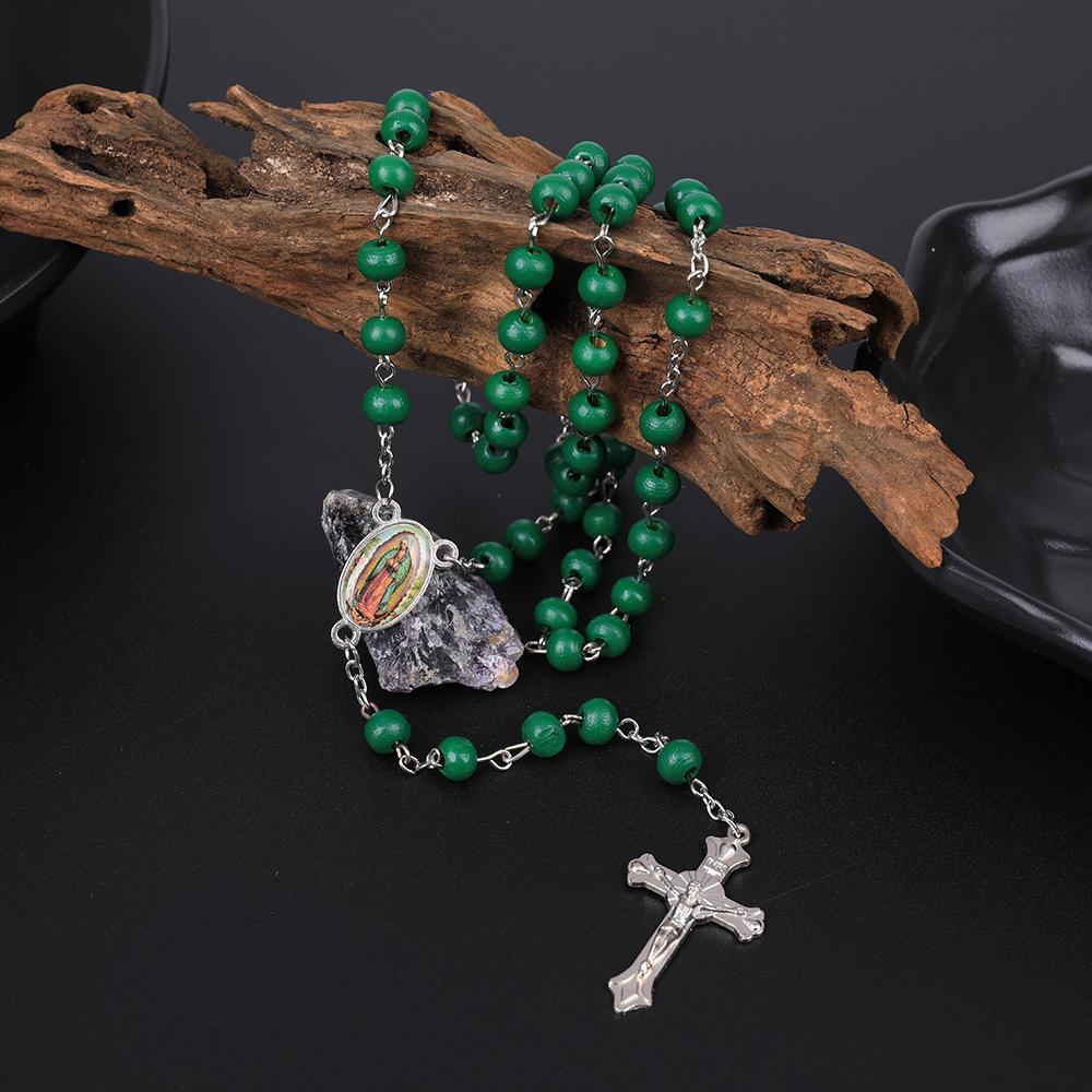 Wood Rosary Necklace For Women 6MM Wooden Prayer Beads Long Chain Religious Virgin Mary Cross Pendant Men Party Jewelry Gift