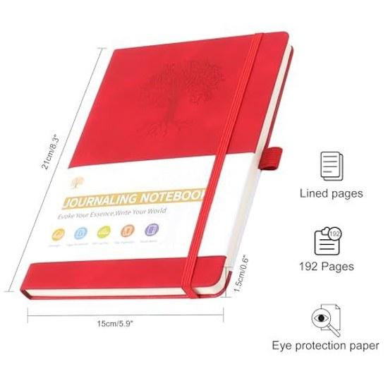 JUNART A5 ruled journal notebook women men 192 pages leather hardcover personal writing study office travel records gifts (red)