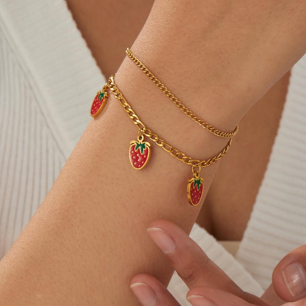 316L Stainless Steel Cute Fruit Strawberry Charm Bracelet For Women Girl Fashion New Trendy Jewelry Party Gift