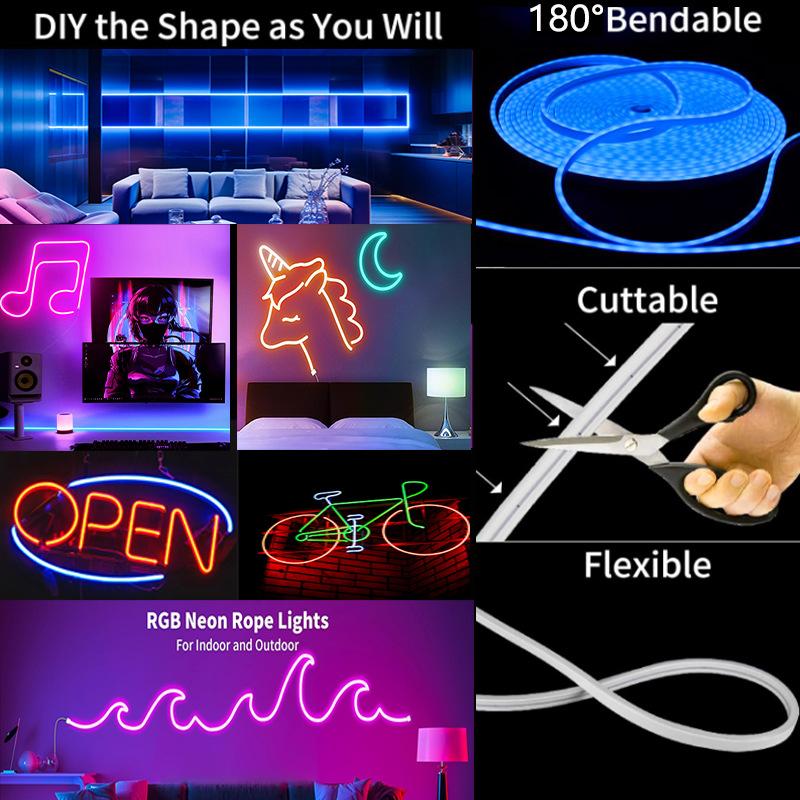 LED Neon Rope Lights with App/Remote Control 5V Music Sync Waterproof Flexible DIY Design RGB Strip Lights for Bedroom Party