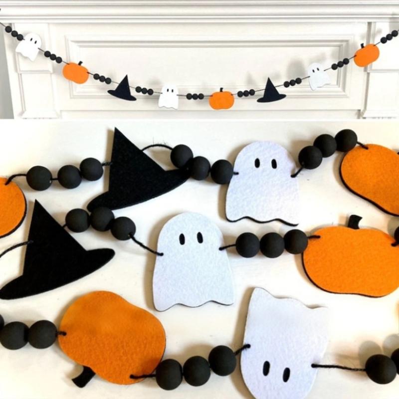 Reusable Felt Bunting Flags Handmade Witch Hat and Pumpkin Banners Halloween Decorations For Indoor Outdoors