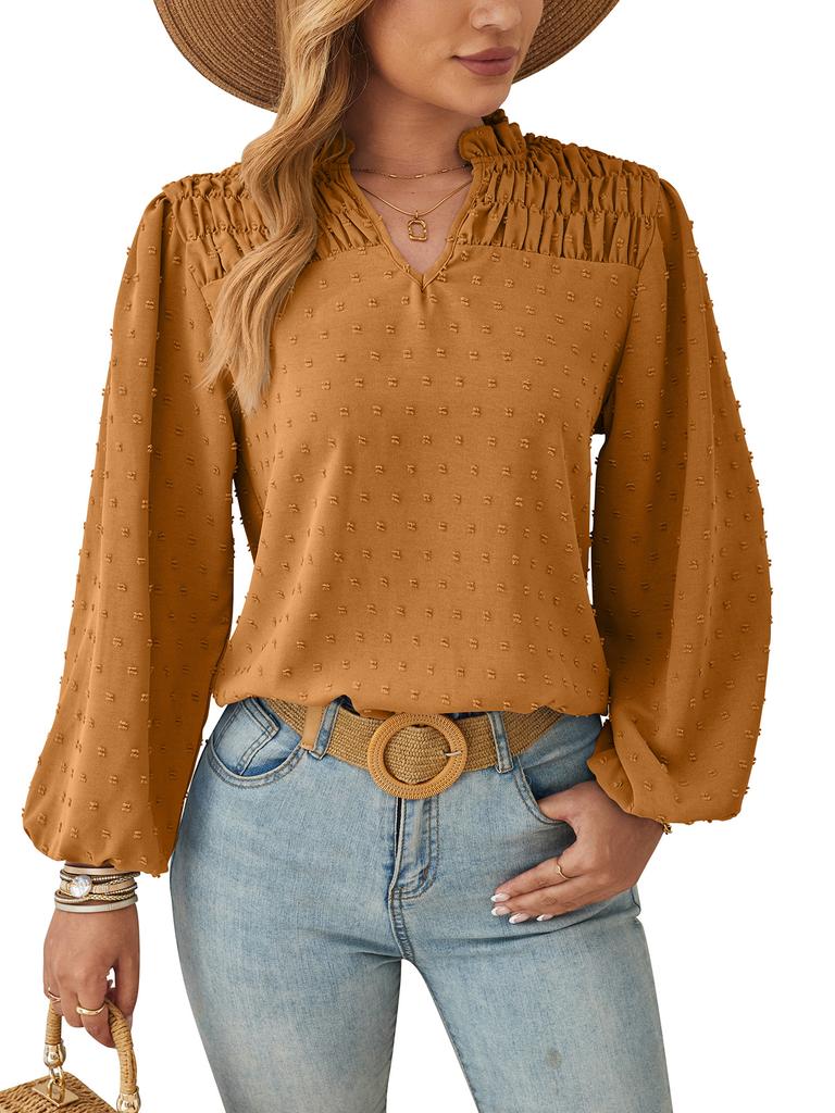 Весенне-осенняя женская плиссированная жаккардовая рубашка с длинным рукавом с v-образным вырезом