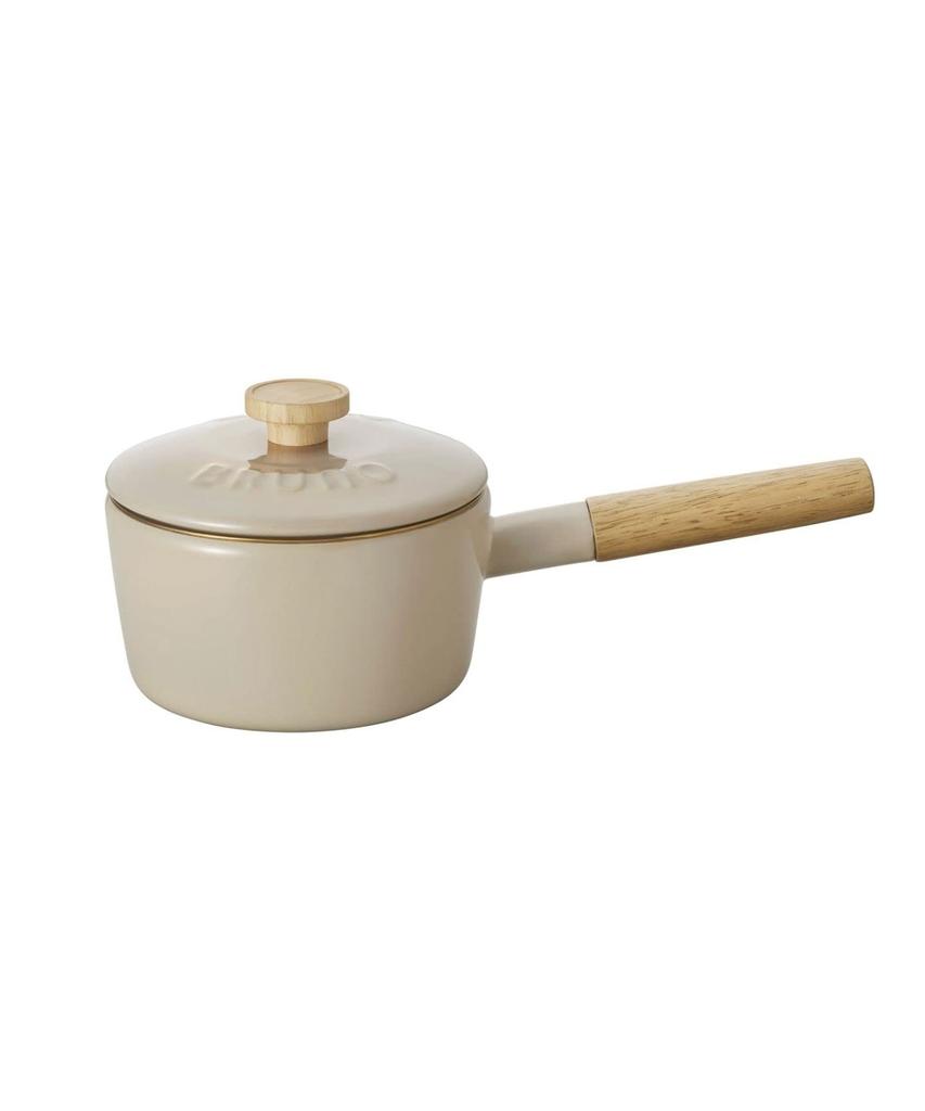 BRUNO Enamel 16cm Saucepan with Lid, Natural Wood Grain, Greige, Compatible with Induction Cooking, Direct Heat, and Gas, Collaboration with Fuji