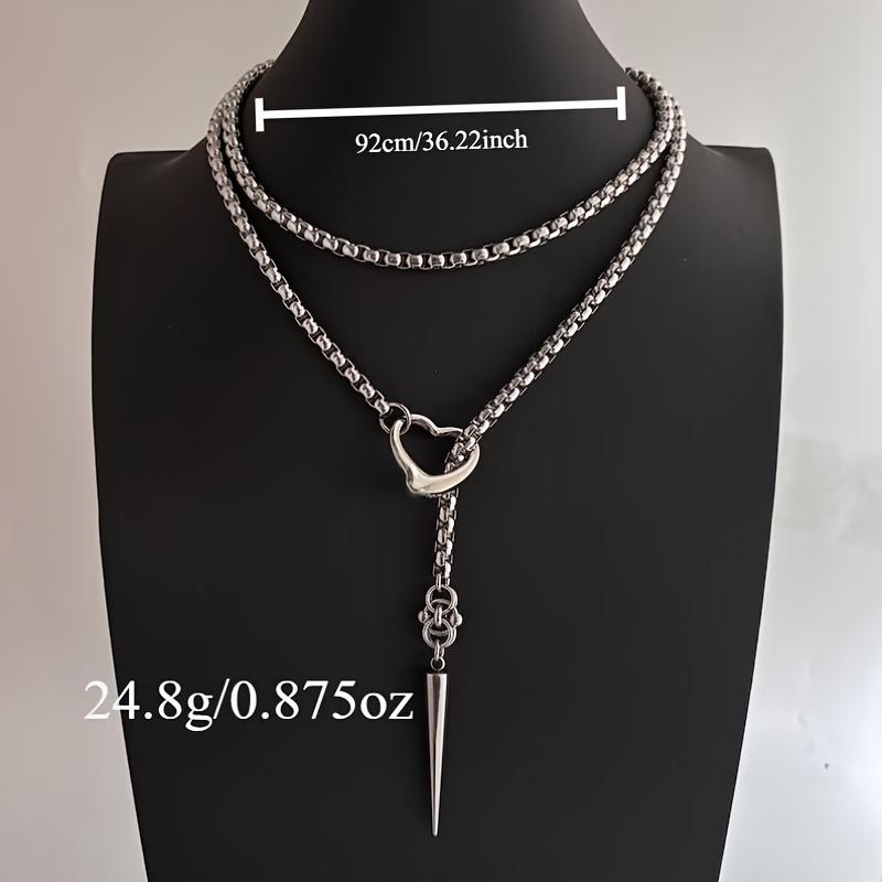 Two-Tier Silver Box Chain Y Necklace Hollow Heart Spike Pendant Vintage Grunge Layered Statement Necklaces for Women