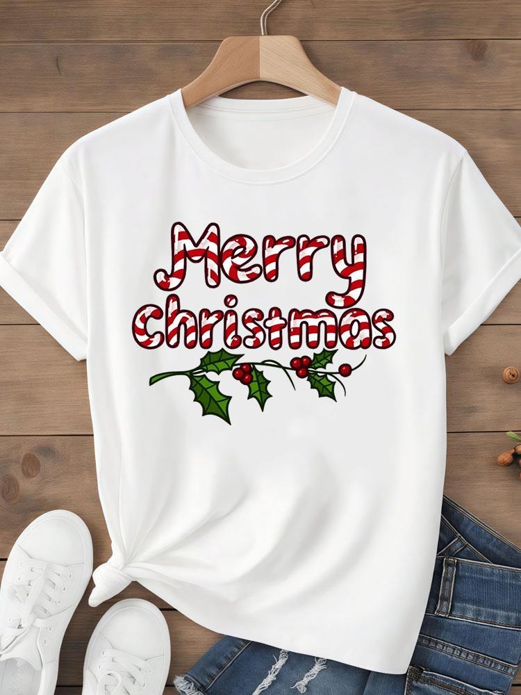 (Азиатский размер) Топ футболка фестиваль С Рождеством Новым годом Праздник Женская с надписью милый стиль Принт Леди Короткий рукав Мода Графические футболки