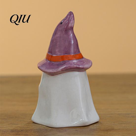 Ceramic Ghost Pumpkin Light Halloween Tealight Holder, Lighted Figurine with Hand Painted Night Witch Hat, Tiered Tray Tabletop Decor for Party