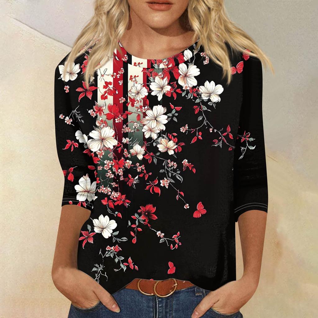 Женская модная повседневная футболка с рукавом семь восьмых, принтом и круглым вырезом