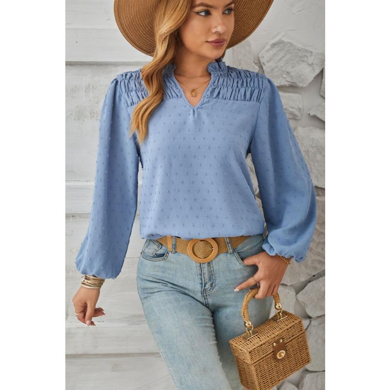 Весенне-осенняя женская плиссированная жаккардовая рубашка с длинным рукавом с v-образным вырезом