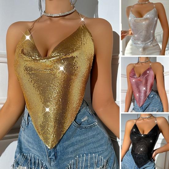 Women Sequin Sling Tops Halter Sleeveless Backless Short Vest with Metal Chain