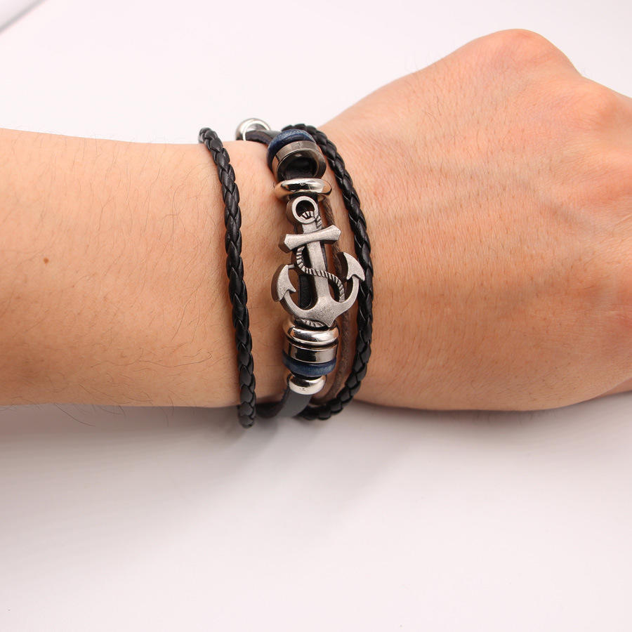 Men Fashion Cool PU Metal Anchor Bracelet Wristband Gifts Jewelry AVE