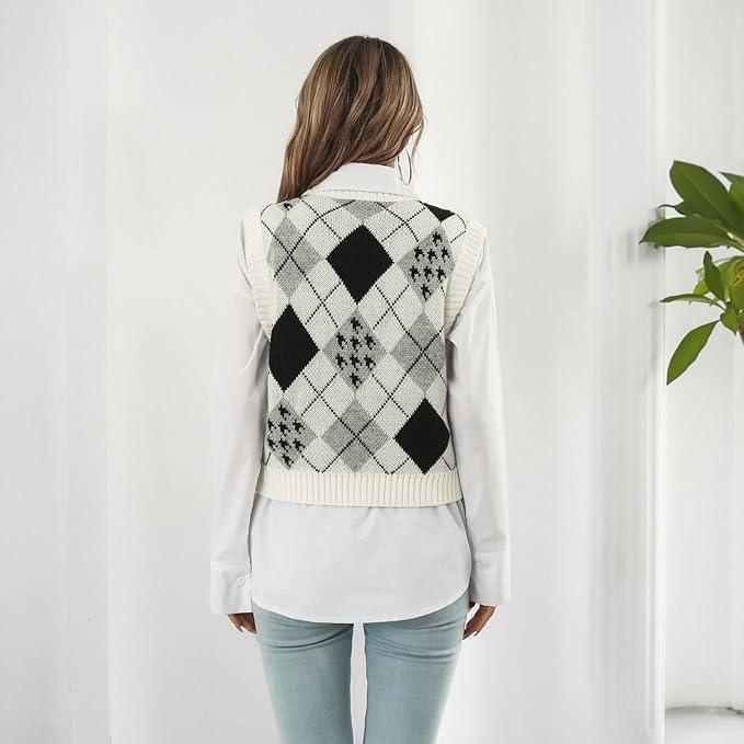 Женский пуловер-жилет с V-образным вырезом и аргайловым узором для осени/зимы